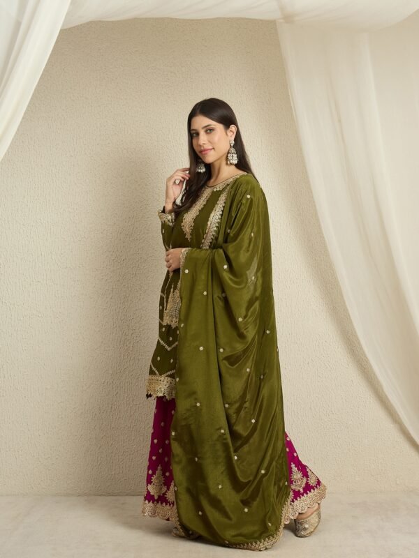 Enchanting Mehendi Embroidered Chinon Kurta Lehenga Set with Dupatta