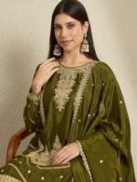 Enchanting Mehendi Embroidered Chinon Kurta Lehenga Set with Dupatta