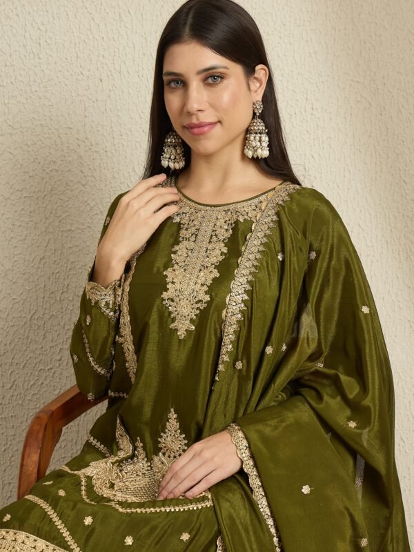 Enchanting Mehendi Embroidered Chinon Kurta Lehenga Set with Dupatta