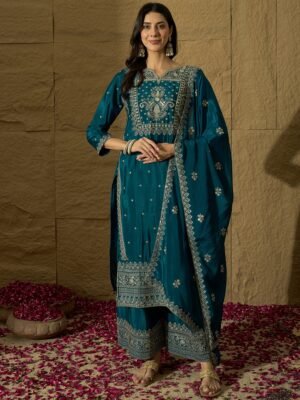 Opulent Rama Embroidered Chinon Straight Kurta Palazzo Set with Dupatta