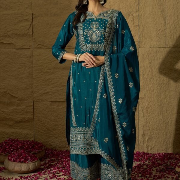 Opulent Rama Embroidered Chinon Straight Kurta Palazzo Set with Dupatta