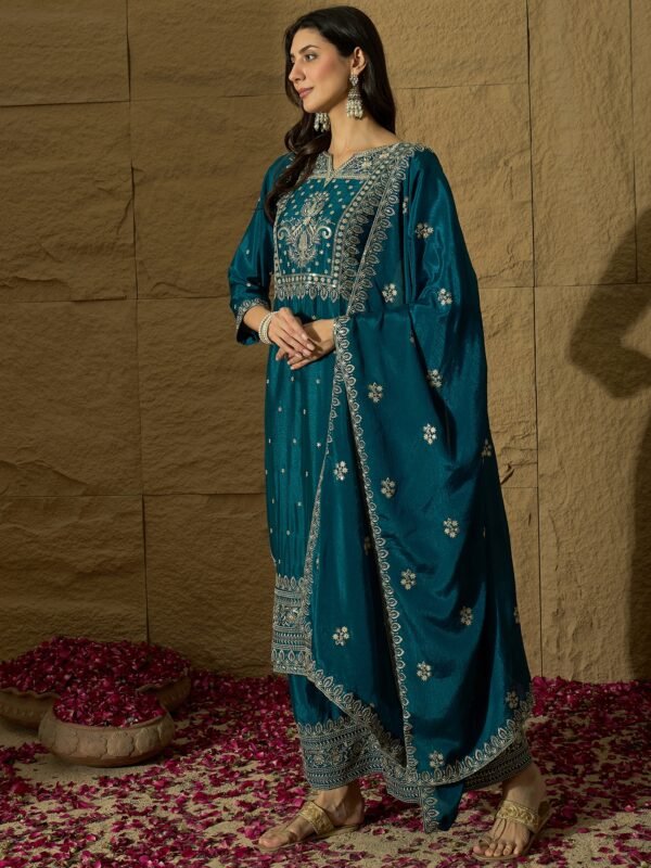 Opulent Rama Embroidered Chinon Straight Kurta Palazzo Set with Dupatta