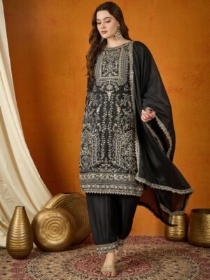 Midnight Black Embroidered Chinon Straight Kurta Palazzo Set with Dupatta