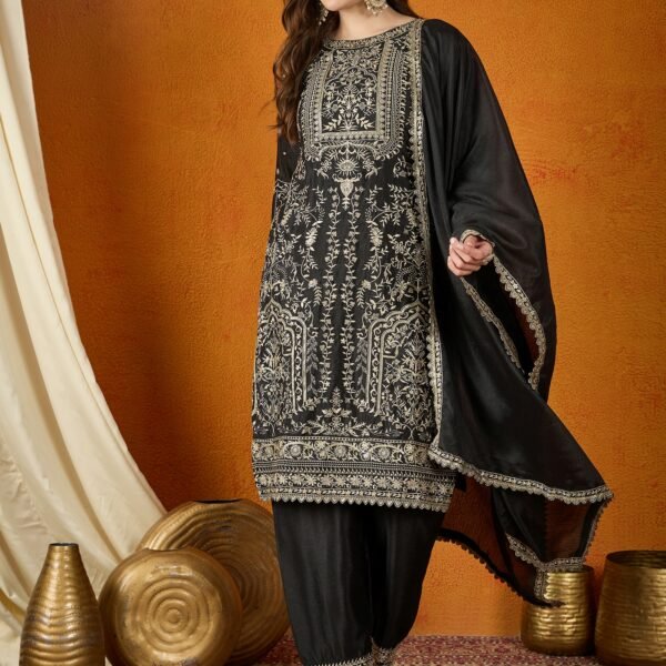 Midnight Black Embroidered Chinon Straight Kurta Palazzo Set with Dupatta