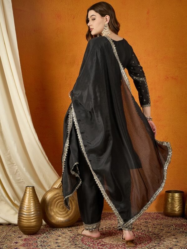 Midnight Black Embroidered Chinon Straight Kurta Palazzo Set with Dupatta
