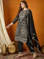 Midnight Black Embroidered Chinon Straight Kurta Palazzo Set with Dupatta