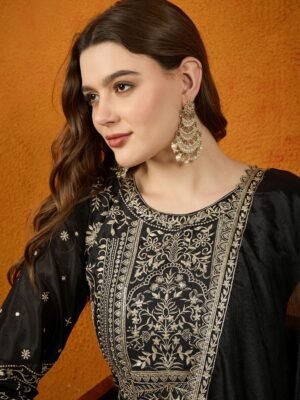 Midnight Black Embroidered Chinon Straight Kurta Palazzo Set with Dupatta