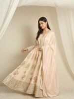 Ethereal Peach Embroidered Chinon Anarkali Kurta Pant Set with Dupatta