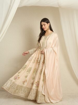 Ethereal Peach Embroidered Chinon Anarkali Kurta Pant Set with Dupatta