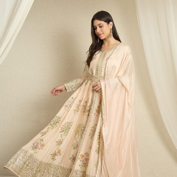 Ethereal Peach Embroidered Chinon Anarkali Kurta Pant Set with Dupatta