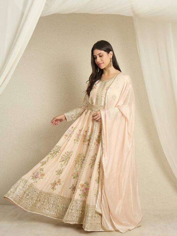 Ethereal Peach Embroidered Chinon Anarkali Kurta Pant Set with Dupatta