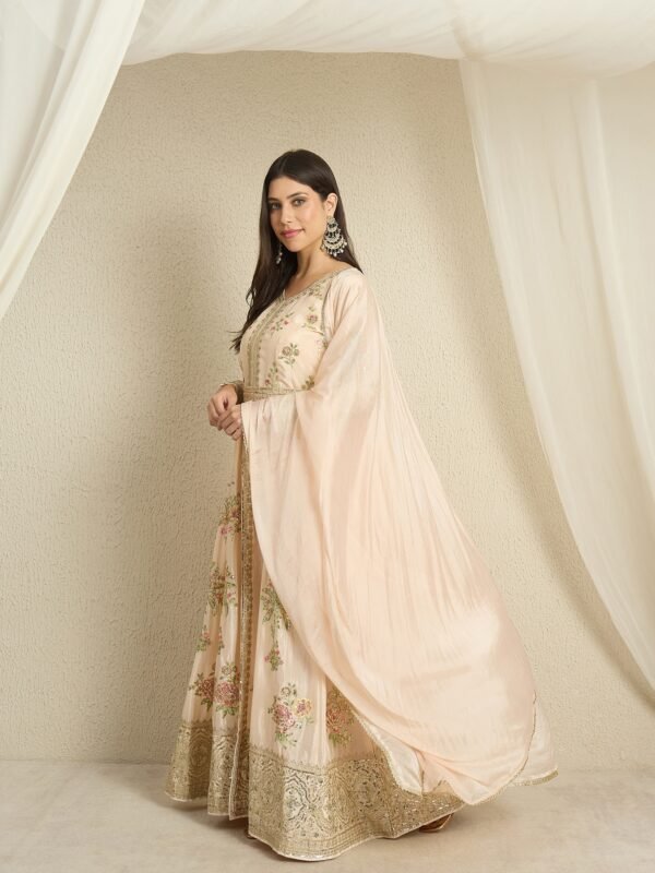 Ethereal Peach Embroidered Chinon Anarkali Kurta Pant Set with Dupatta