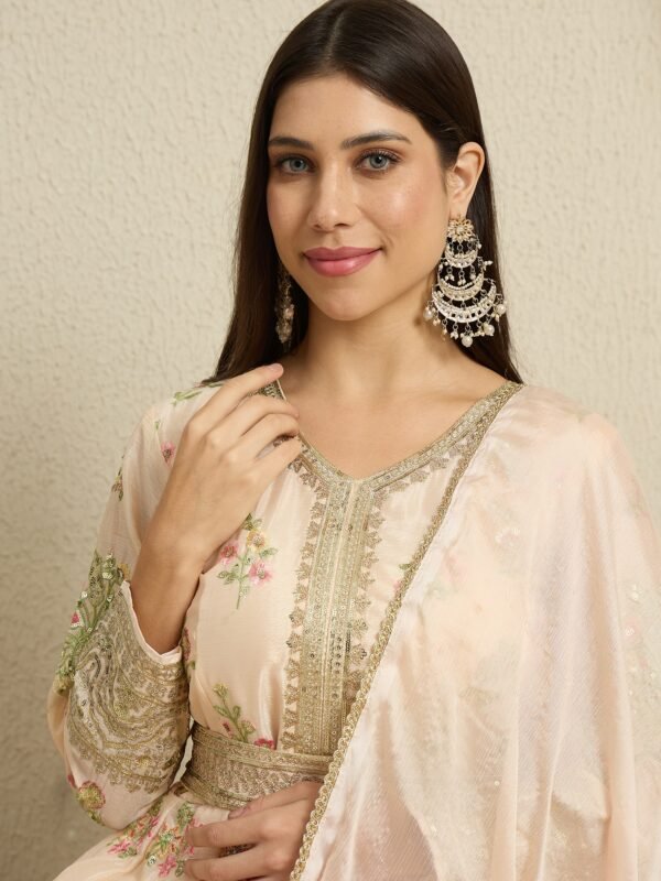 Ethereal Peach Embroidered Chinon Anarkali Kurta Pant Set with Dupatta