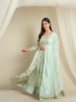 Serene Pista Embroidered Chinon Front-Slit Anarkali Kurta Pant Set with Dupatta