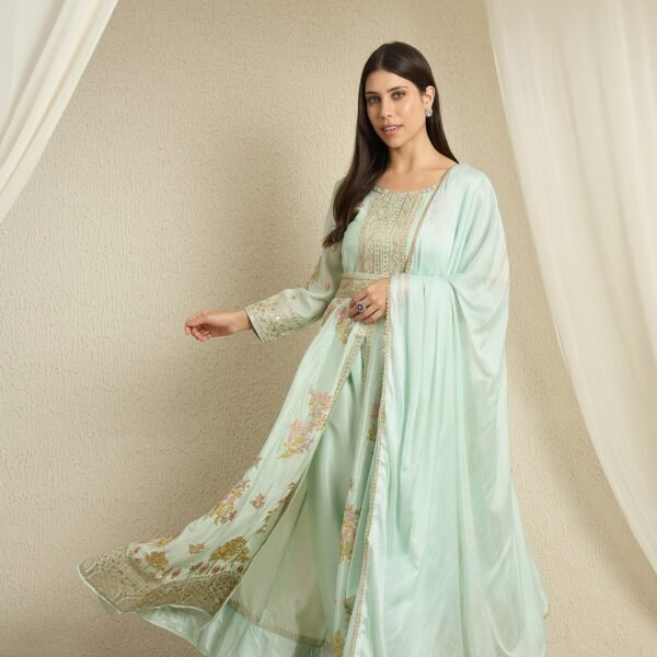 Serene Pista Embroidered Chinon Front-Slit Anarkali Kurta Pant Set with Dupatta