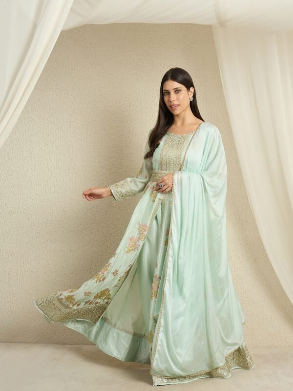 Serene Pista Embroidered Chinon Front-Slit Anarkali Kurta Pant Set with Dupatta
