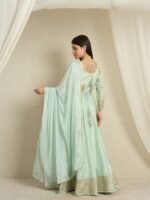 Serene Pista Embroidered Chinon Front-Slit Anarkali Kurta Pant Set with Dupatta