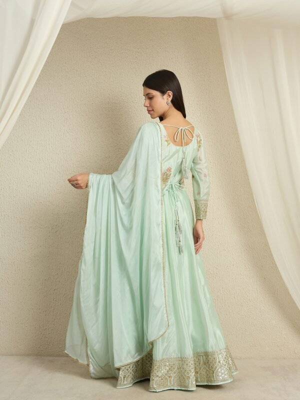 Serene Pista Embroidered Chinon Front-Slit Anarkali Kurta Pant Set with Dupatta