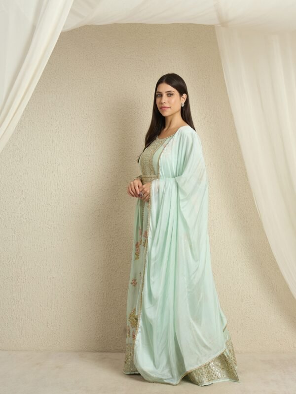 Serene Pista Embroidered Chinon Front-Slit Anarkali Kurta Pant Set with Dupatta