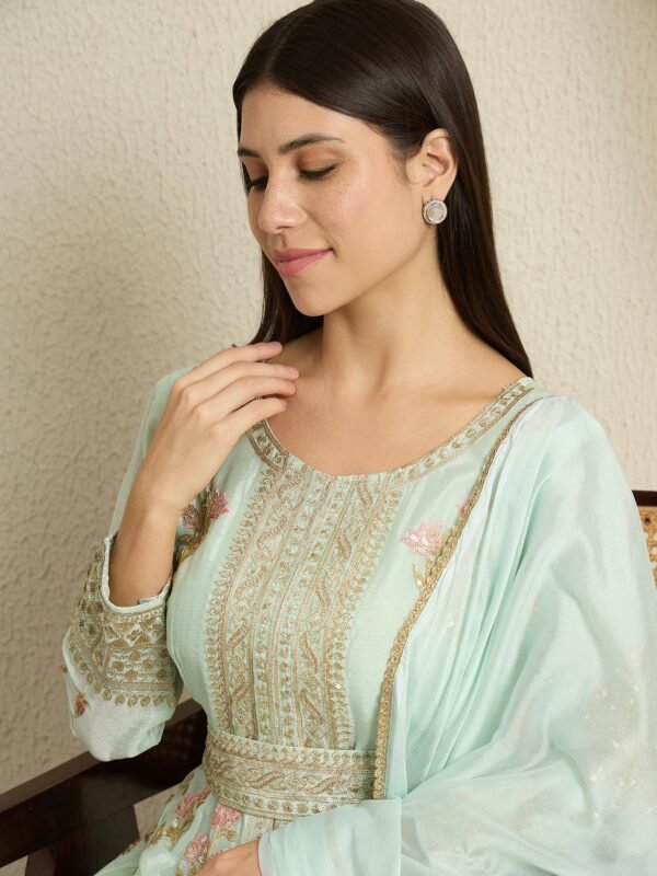 Serene Pista Embroidered Chinon Front-Slit Anarkali Kurta Pant Set with Dupatta