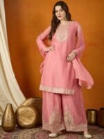 Luminous Yellow Embroidered Georgette Straight Kurta Palazzo Set with Dupatta