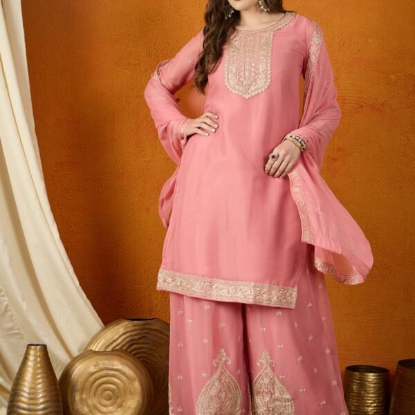 Luminous Yellow Embroidered Georgette Straight Kurta Palazzo Set with Dupatta