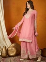 Luminous Yellow Embroidered Georgette Straight Kurta Palazzo Set with Dupatta