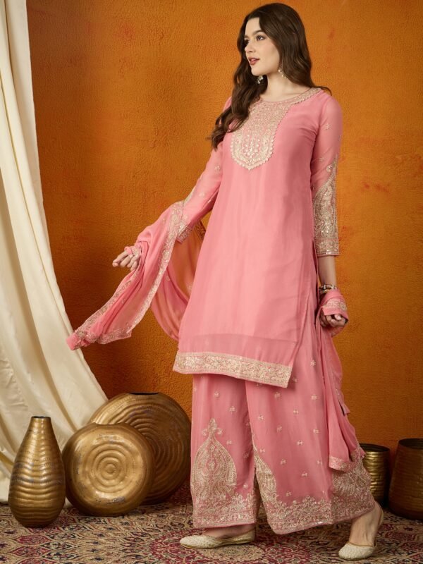 Luminous Yellow Embroidered Georgette Straight Kurta Palazzo Set with Dupatta