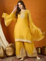 Luminous Yellow Embroidered Georgette Straight Kurta Palazzo Set with Dupatta