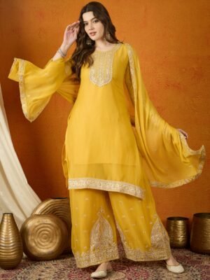 Luminous Yellow Embroidered Georgette Straight Kurta Palazzo Set with Dupatta