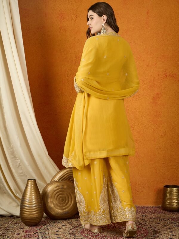 Luminous Yellow Embroidered Georgette Straight Kurta Palazzo Set with Dupatta