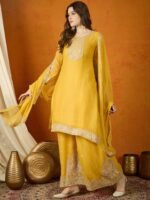 Luminous Yellow Embroidered Georgette Straight Kurta Palazzo Set with Dupatta