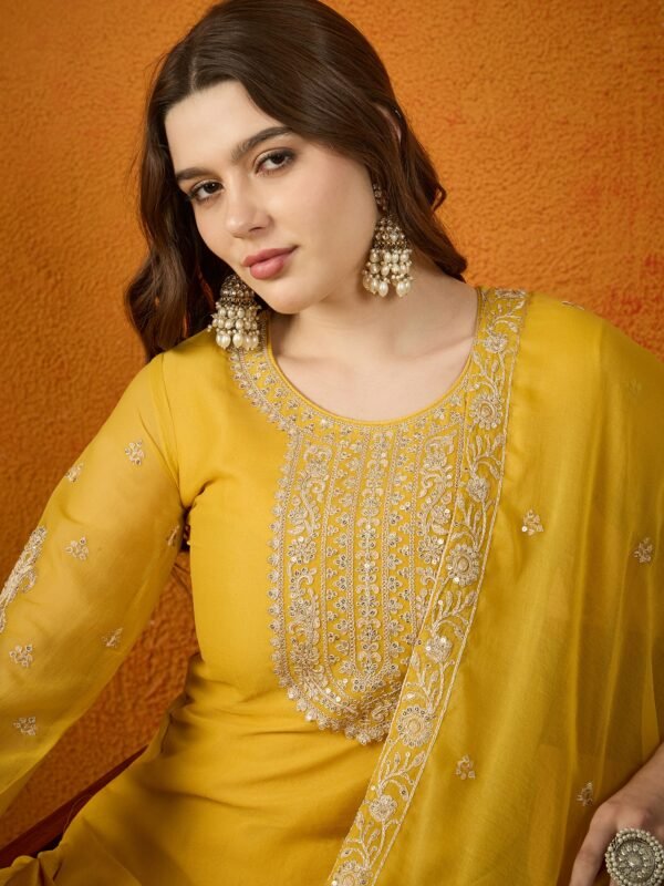 Luminous Yellow Embroidered Georgette Straight Kurta Palazzo Set with Dupatta