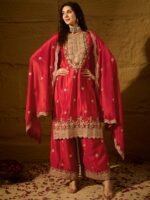 Radiant Red Chinon Embroidered Kurta Palazzo Set