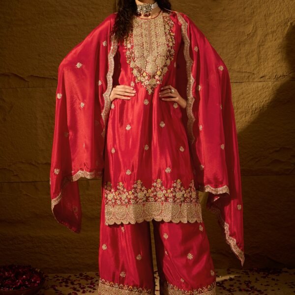 Radiant Red Chinon Embroidered Kurta Palazzo Set