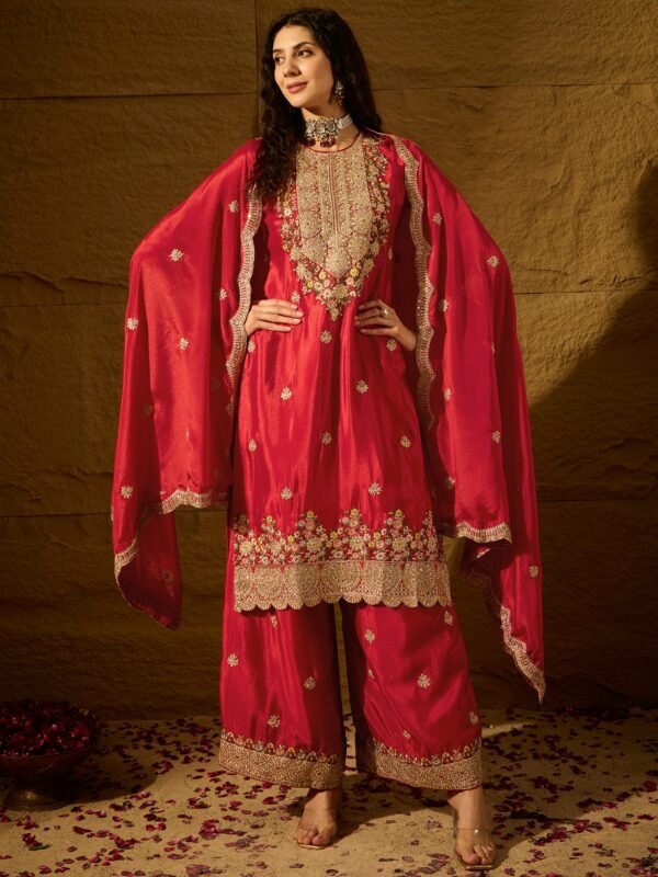 Radiant Red Chinon Embroidered Kurta Palazzo Set