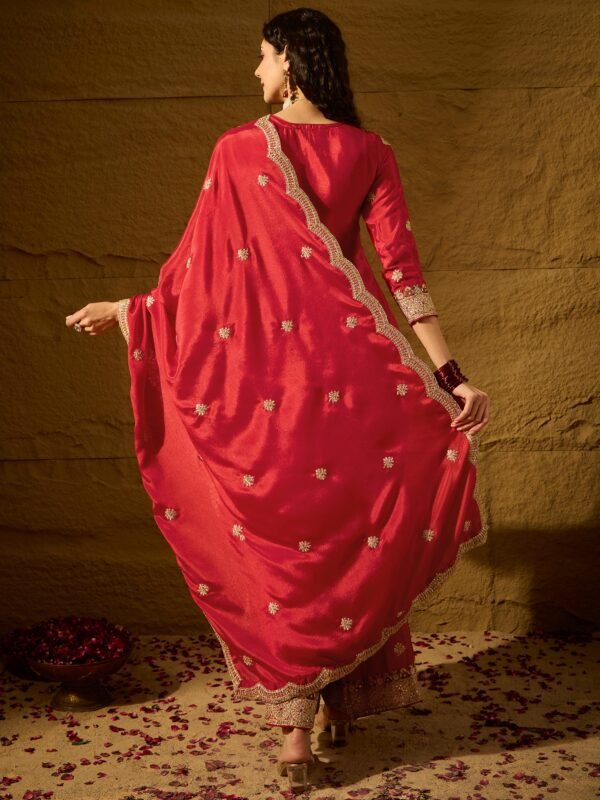 Radiant Red Chinon Embroidered Kurta Palazzo Set