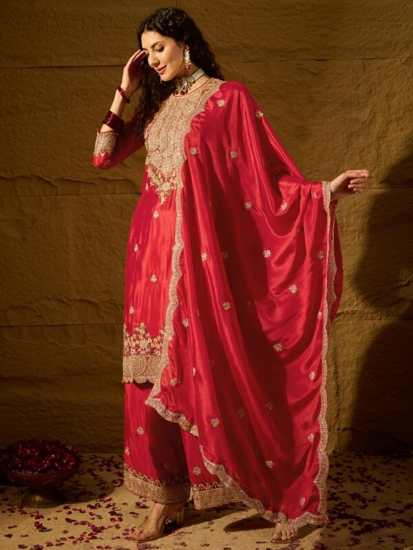 Radiant Red Chinon Embroidered Kurta Palazzo Set