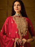 Radiant Red Chinon Embroidered Kurta Palazzo Set