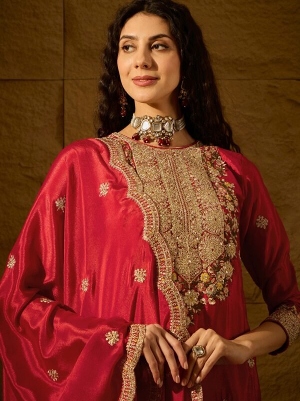 Radiant Red Chinon Embroidered Kurta Palazzo Set