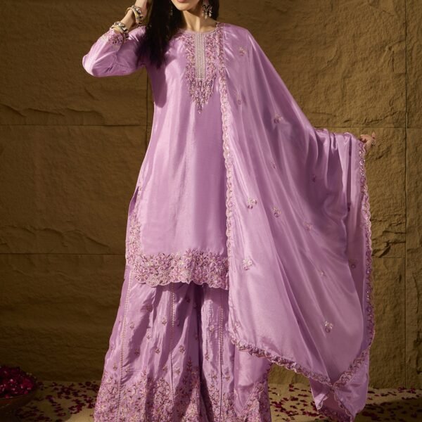 Dainty Light Pink Embroidered Chinon Kurta Palazzo Set with Dupatta