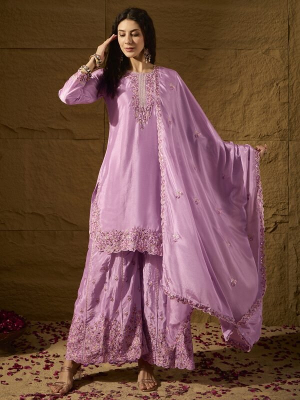 Dainty Light Pink Embroidered Chinon Kurta Palazzo Set with Dupatta