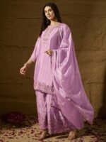 Dainty Light Pink Embroidered Chinon Kurta Palazzo Set with Dupatta