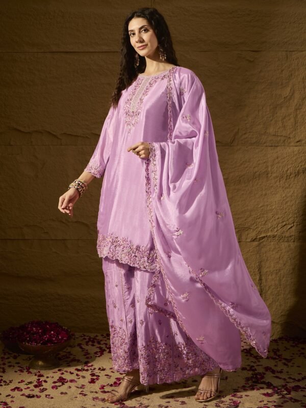 Dainty Light Pink Embroidered Chinon Kurta Palazzo Set with Dupatta