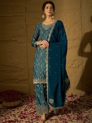Imperial Blue Embroidered Chinon Straight Kurta Palazzo Set with Dupatta