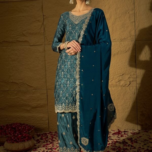 Imperial Blue Embroidered Chinon Straight Kurta Palazzo Set with Dupatta