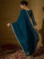 Imperial Blue Embroidered Chinon Straight Kurta Palazzo Set with Dupatta