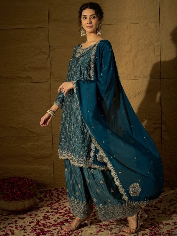Imperial Blue Embroidered Chinon Straight Kurta Palazzo Set with Dupatta