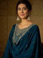 Imperial Blue Embroidered Chinon Straight Kurta Palazzo Set with Dupatta