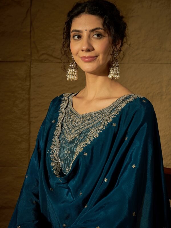 Imperial Blue Embroidered Chinon Straight Kurta Palazzo Set with Dupatta